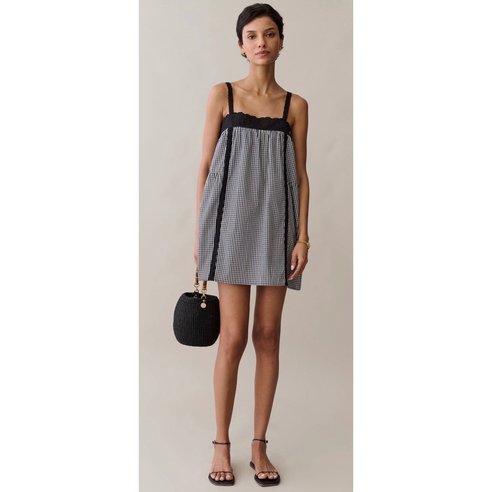 Few Moda Kourt Gingham Eyelet Lace Mini Dress Black White Cotton Babydoll Large